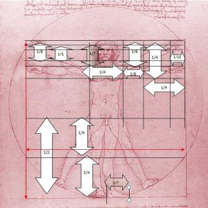 Vitruvian man with proportions suggested by Leonardo da Vinci, beautiful building 